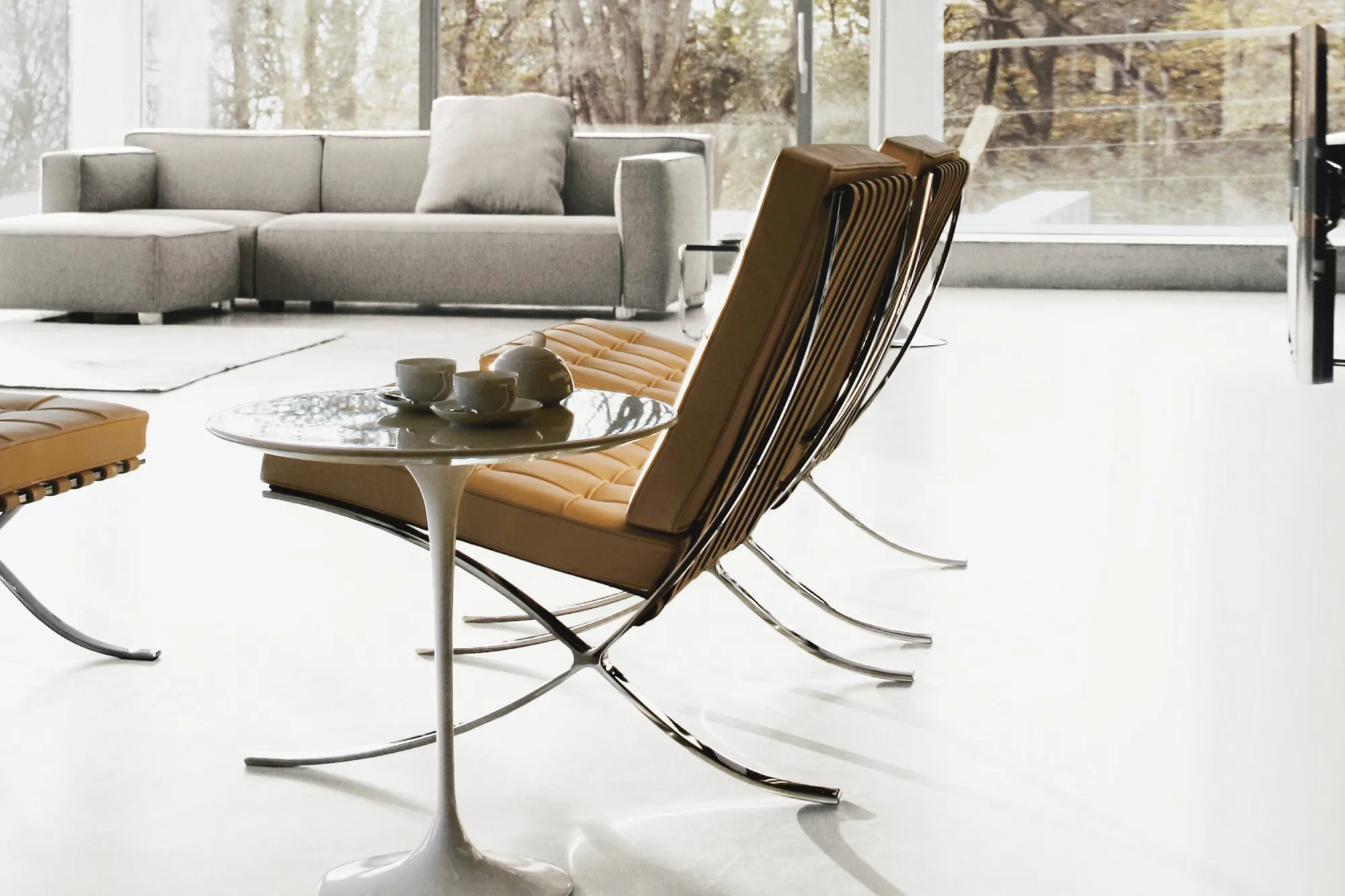 Ludwig Mies van der Rohe's Barcelona collection in Philip Johnson's Glass House in New Canaan. Photograph from the Knoll Archive.