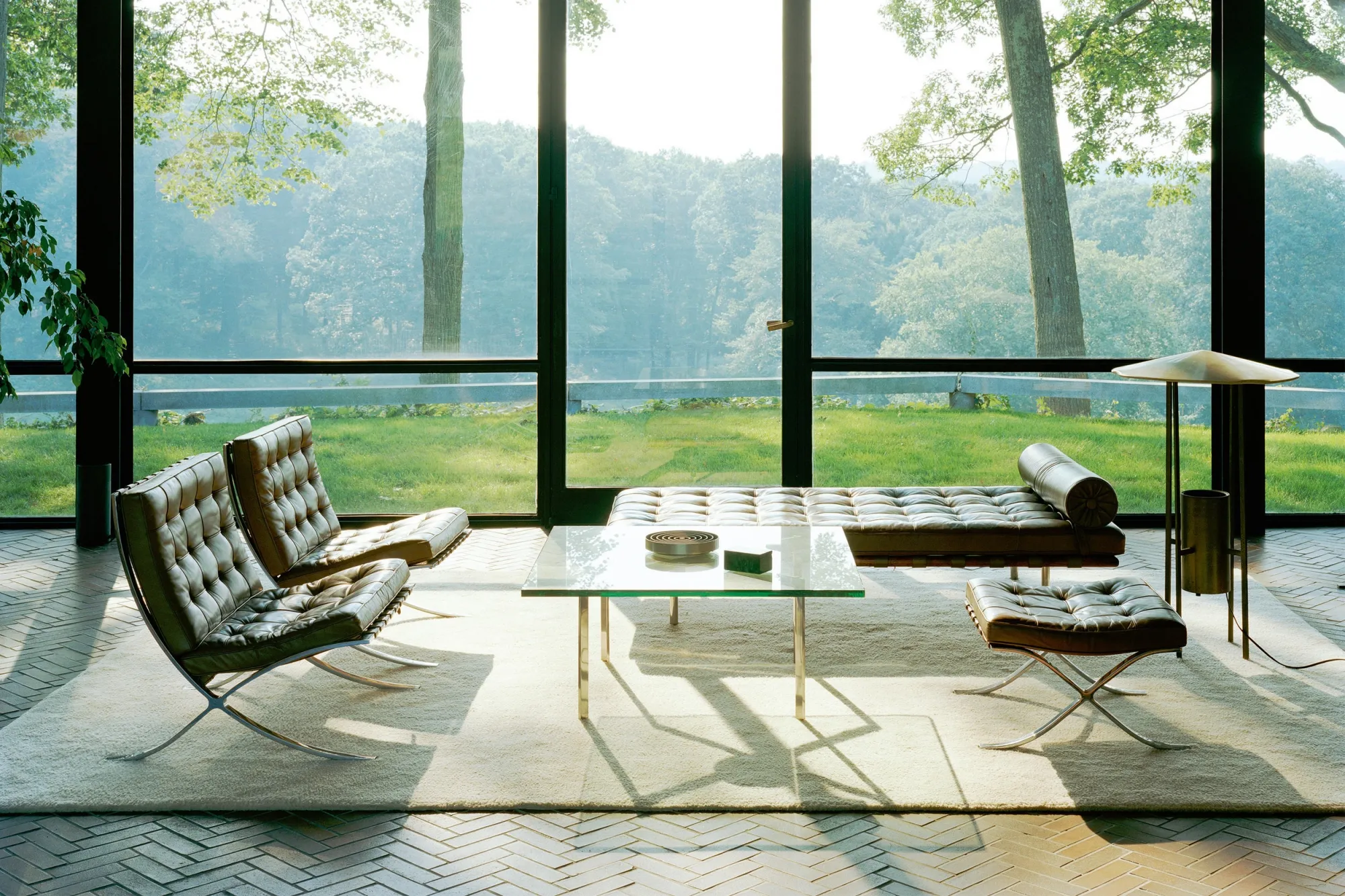 Ludwig Mies van der Rohe's Barcelona collection in Philip Johnson's Glass House in New Canaan. Photograph from the Knoll Archive.